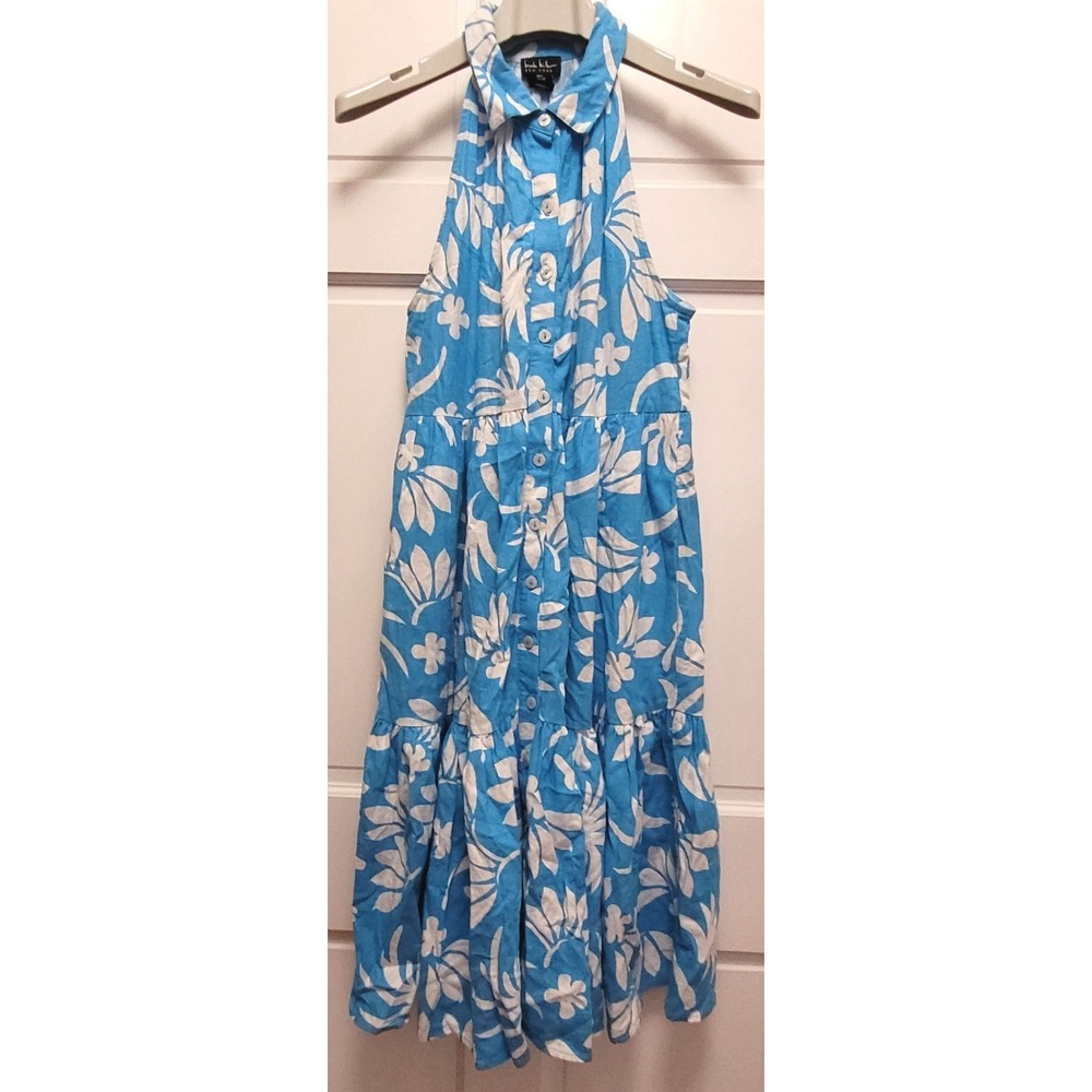 Nicole Miller Women's Linen Viscose Floral Tiered Halter Dress - Blue - Small